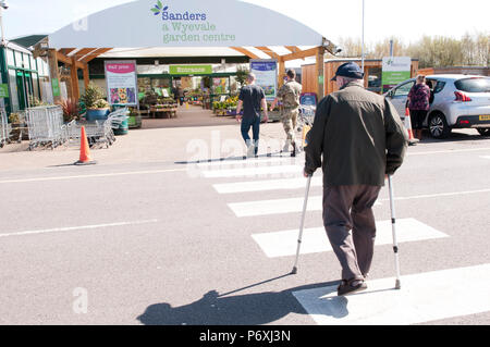 Ansicht der Rückseite des älteren Mann mit Stöcken, zu Fuß in Richtung Garten Center Stockfoto