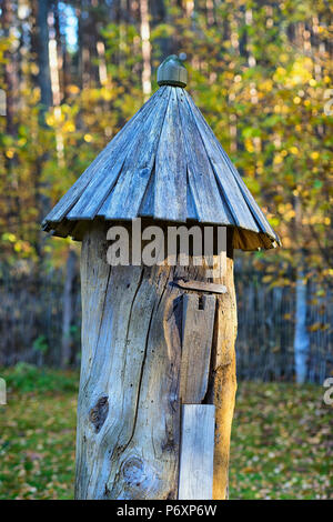 Eine alte hölzerne Bienenstock für Bienen, die mit einem Dach in einem Herbst Wald Stockfoto