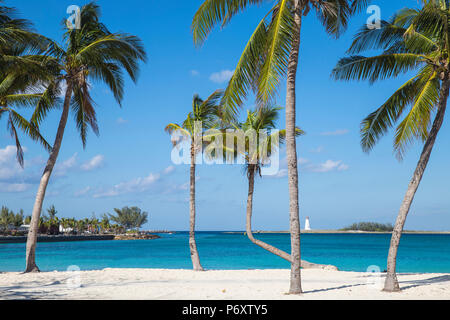 Karibik, Bahamas, Providence Island, Nassau, Palmen am weißen Sandstrand mit Leuchtturm in der Ferne Stockfoto