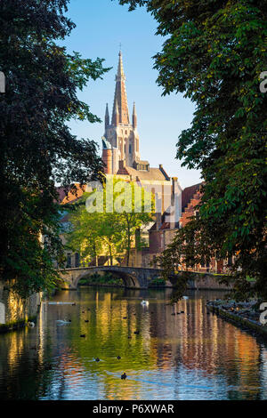 Belgien, Westflandern (Vlaanderen), Brügge (Brügge). Turm der Kirche Unserer Lieben Frau, Onze-Lieve-Vrouwekerk hinter Kanal. Stockfoto