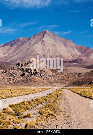 Bolivien, Potosi Abteilung, Sur Lipez Provinz, unbefestigte Straße und Cerro Lipez. Stockfoto