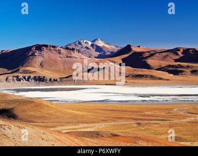 Bolivien, Potosi Department, Sur Lipez Provinz, Blick Richtung Laguna Morejon und Vulkan Uturuncu. Stockfoto