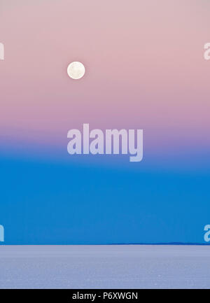 Bolivien, Potosi Abteilung, Provinz Daniel Campos, Vollmond über dem Salar de Uyuni, dem größten Salzsee der Welt. Stockfoto