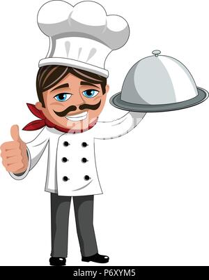 Happy Chef mit Cook hat Holding Serviertablett isoliert Stock Vektor
