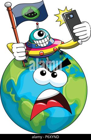 Cartoon stolz Ufo oder fremdes Schiff Handwerk einpflanzen Flagge der Eroberung auf genervt Erde isoliert Stock Vektor