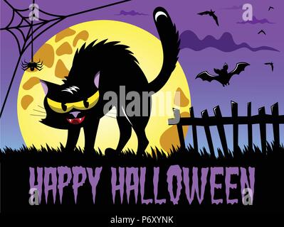Happy Halloween Hintergrund mit wütenden dämonische Katze gegen große Vollmond
