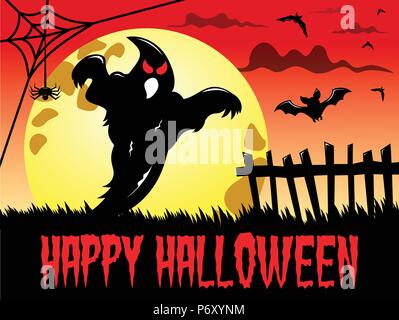 Happy Halloween Hintergrund mit Silhouette von Ghost gegen große Vollmond Stock Vektor