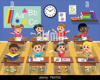 Glückliche Kinder oder Kinder am Schreibtisch im Klassenzimmer sitzen in der Schule Stock Vektor