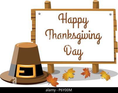 Happy Thanksgiving Day text auf Banner mit pilgrim Hut und Blätter isoliert Stock Vektor