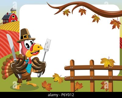 Thanksgiving Day horizontalen Rahmen mit pilgrim Türkei bereit, mit Messer und Gabel essen im Freien Stock Vektor