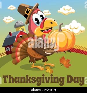Thanksgiving Day Hintergrund square pilgrim Türkei holding Kürbis in der Landschaft Stock Vektor