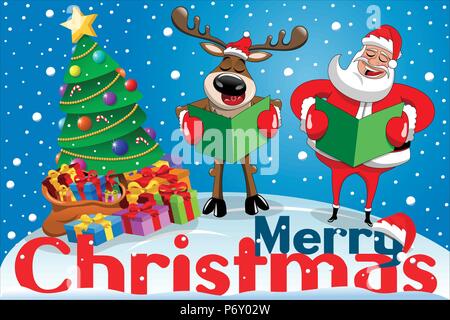 Weihnachten Banner mit cartoon Weihnachtsmann und Rentier singen im Schnee Stock Vektor