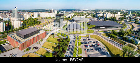 Breite Antenne Panorama des Stadtzentrums von Katowice in Polen Stockfoto