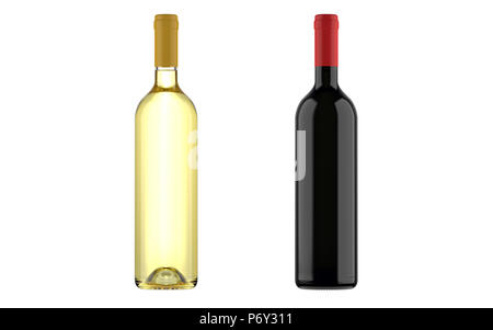 Flaschen Rot- und Weißwein, bordolese Klassiker, immer noch das Leben auf einem weißen Hintergrund. Stockfoto