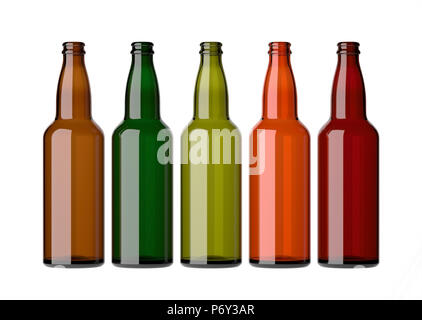 Leere Bier Flaschen ohne Deckel, auf einem weißen Hintergrund. Stockfoto