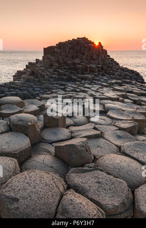 Großbritannien, Nordirland, County Antrim, Bushmills, Giants Causeway, UNESCO-Weltkulturerbe, Küsten Felsformation aus Basalt, Dämmerung Stockfoto