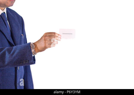 Des Menschen Hand übersicht Visitenkarte in weißen Hintergrund/business card/Mann mit weißen Karte. Stockfoto