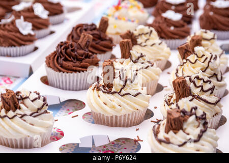 Eine Zusammenstellung der hausgemachte Schokolade und Vanille Cupcakes mit Schokolade Flake Stockfoto