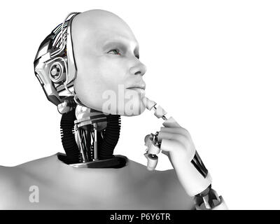 Ein männlicher Roboter Denken über etwas. Auf weissem Hintergrund. Stockfoto