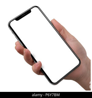Hände halten Telefon auf einem weißen Hintergrund Stockfoto