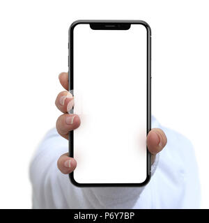 Hände halten Telefon auf einem weißen Hintergrund Stockfoto