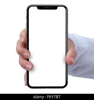 Hände halten Telefon auf einem weißen Hintergrund Stockfoto