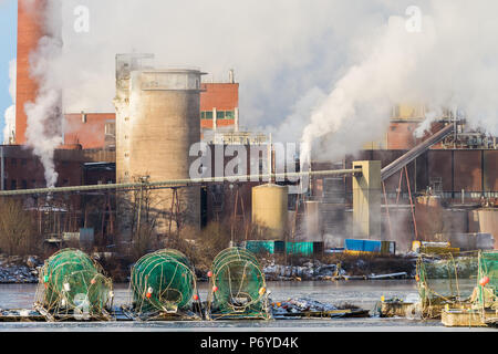 Grüne fykenets vor der dampfenden Factory an einem sonnigen Tag Stockfoto