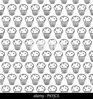 Cartoon cute Cupcakes auf weißem Hintergrund. Einfache nahtlose Muster. Lineare Malbuch. Stock Vektor