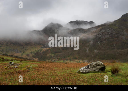 An einem regnerischen Frühlingstag in den Hügeln um Llyn Crafnant, Trefriw, North Wales, UK. Stockfoto