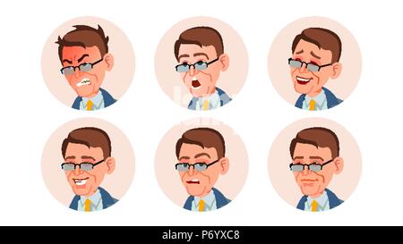 Business Avatar Mann Vektor. Komische Gefühle. Schönen Männlichen. Lachen, verärgert. Glück, unglücklich. Isolierte Zeichentrickfigur Abbildung Stock Vektor