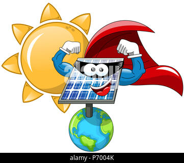 Cartoon Sonne und Superhelden solar panel stehen auf der Erde isoliert Stockfoto