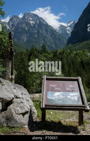 Mit den höchsten Gipfeln in Slowenien in der Ferne eine Familie bewundern Sie die Aussicht auf die höchsten Gipfel in der Slowenischen Julischen Alpen, am 22. Juni 2018, in Trenta, Nationalpark Triglav, Slowenien. Darüber hinaus sind die Berge, Pihavec Kreiski 2050 m, 2419 m, Dolina Zadnjica und Triglav 2864 m. Stockfoto