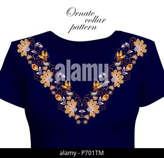 Vektor-Design für Kragen Shirts, Hemden, Blusen. Bunten ethnischen Blumen Hals. Paisley dekorative Bordüre. Reich verzierte Kragen Muster. Braun orange blau. Stock Vektor