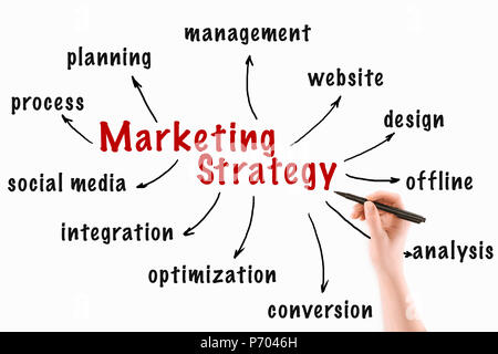 7/8 Bild der Frau schreiben Marketing Strategie Inschriften isoliert auf weißem Stockfoto