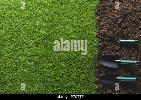 Blick von oben auf die Gras und arrangiert Gartengeräte auf Boden Stockfoto