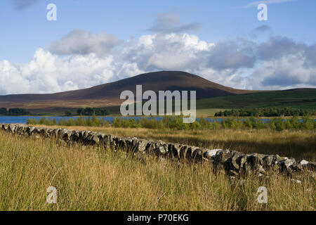 Harperrig, West Lothian, einen Behälter am Rand des Pentland Hills mit Cauldstane Slap darüber hinaus. Eine drystane Deich (Wand) im Vordergrund. Stockfoto