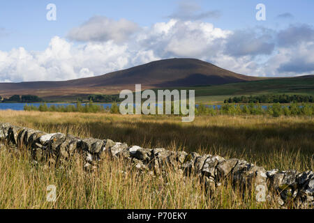 Harperrig, West Lothian, einen Behälter am Rand des Pentland Hills mit Cauldstane Slap darüber hinaus. Eine drystane Deich (Wand) im Vordergrund. Stockfoto