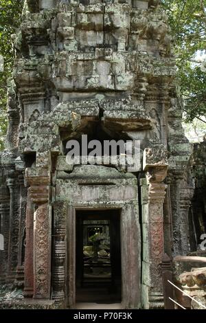 Alte Moos bedeckt Türen bei Ta Prohm Tempel aka Tomb Raider Tempel in der Provinz Siem Reap in Kambodscha Stockfoto