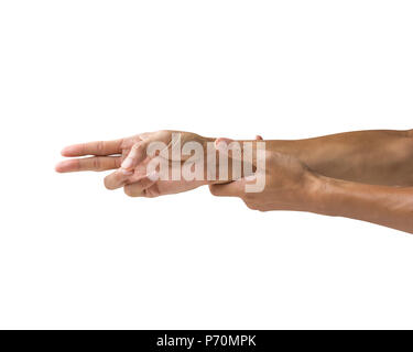 Freistellungspfaden. Geste machen Shooting Gun. Schießen Sie mit zwei Fingern auf weißem Hintergrund. Stockfoto