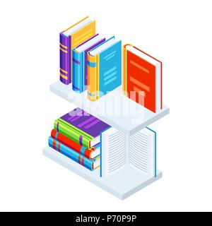 Isometrische Bücher über Bücherregale. Stock Vektor