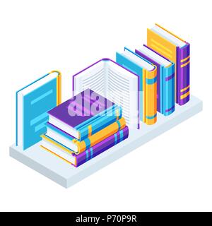 Isometrische Bücher über Bücherregale. Stock Vektor