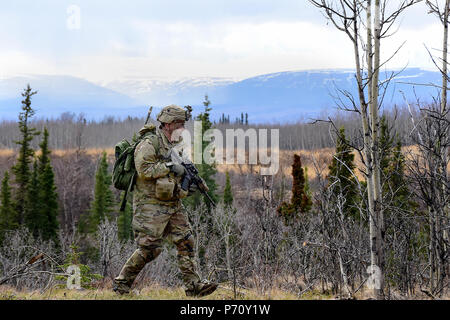 Sgt. 1. Klasse Nicholas Hudson, 6. Brigade Engineer Battalion, 4th Infantry Brigade Combat Team (Airborne), 25 Infanterie Division, fährt in Position für eine Live-fire Angriff als Teil der Eiche Rand, 10. Mai 2017, in der Donnelly Training Area in der Nähe von Fort Greely, Alaska. (John pennell/U.S. Armee) Stockfoto