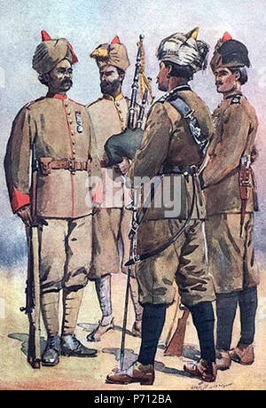 Englisch: "Frontier Force'. Nach rechts: 59th Scinde Gewehre, Piper von 51 Sikhs und 56 Punjabi Gewehre Links. Aquarell von großen AC Lovett, 1910. In MacMunn & Lovett, Armeen von Indien, 1911 veröffentlicht. 1910 3 51 (3FF), 56 (8 FF), 59 (1 ff.) Stockfoto