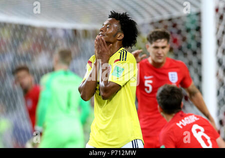 Kolumbien Juan Cuadrado reagiert auf eine verpasste Chance während der FIFA WM 2018, rund 16 Gleiches an Spartak Stadium, Moskau. Stockfoto