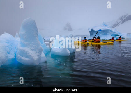 Expedition Touristen Kajak bei Schneewetter, mit blauen Eisberge, Chilenischen Gonzalez Videla, Waterboat Point, Antarktis, Polargebiete Stockfoto