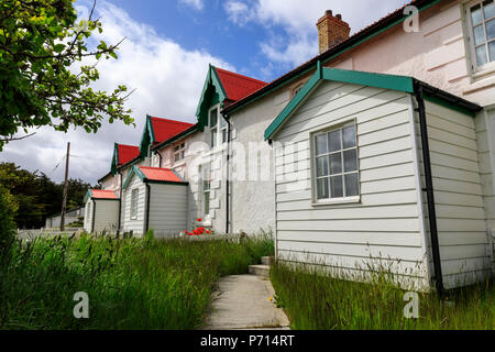 Historische Marmont Zeile, weiße Küste Haus, Sieg Grün, Stanley, Port Stanley, Falkland Inseln, Südamerika Stockfoto