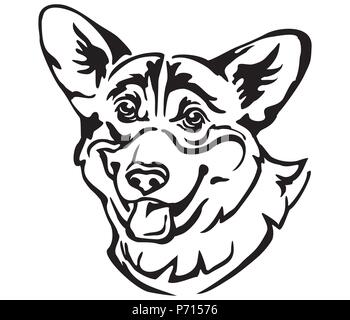 Dekorative Portrait von Hund Welsh Corgi, Vektor isoliert Abbildung in schwarz auf weißem Hintergrund. Bild für Design und Tattoo. Stock Vektor