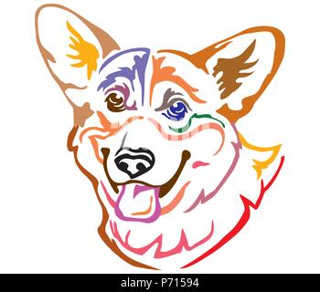 Bunt dekorativ Portrait von Hund Welsh Corgi, Vector Illustration in verschiedenen Farben auf weißem Hintergrund. Bild für Design und Tattoo. Stock Vektor