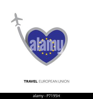 Europäische Union Travel Concept. Herzform Fahne mit dem Flugzeug Stock Vektor