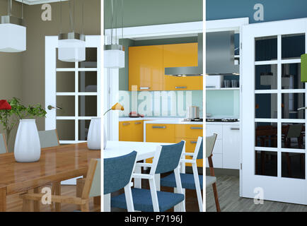 Aufgeteilte Farbvariationen von Esszimmer Raumgestaltung in modernes Appartement Stockfoto
